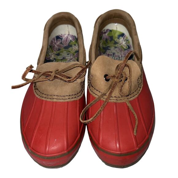 Kamik Women’s Mallard Duck Shoes Size 6 Rain Boot Waterproof Red Tan Leather EUC - Picture 1 of 10